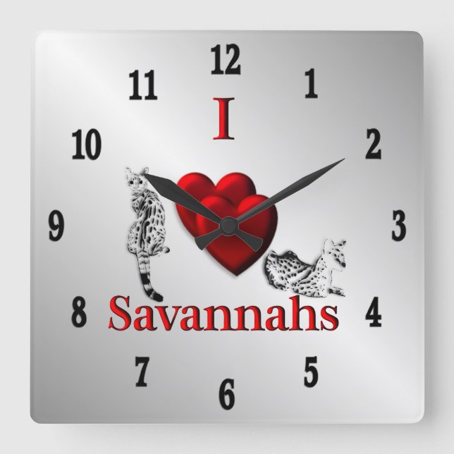 Horloge Carrée I Heart Savannah Chat Silver Chiffres Noirs (Recto)