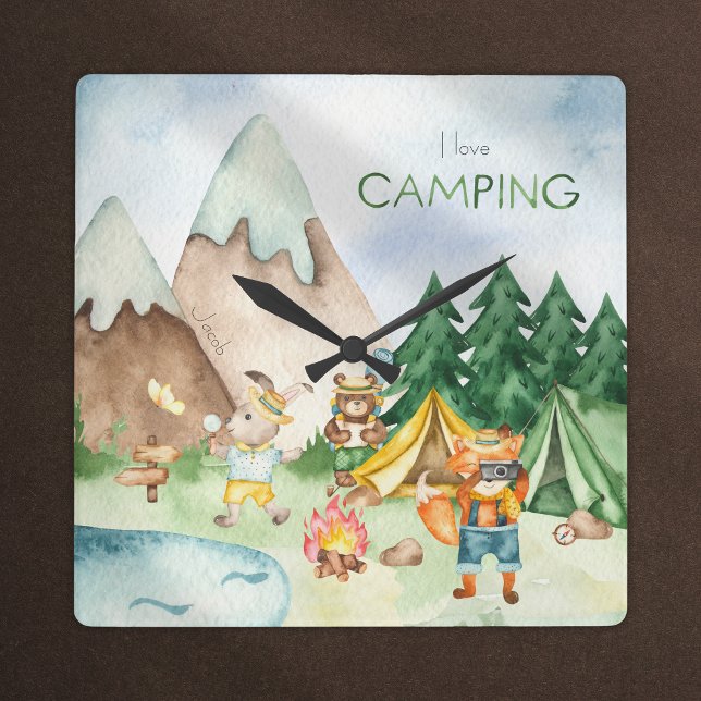 Horloge Carrée I Love Camping Bois Animaux Enfants Aquarelle (Créateur téléchargé)
