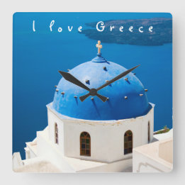 Horloge Carrée I love Greece Church Santorini bleu photo et texte