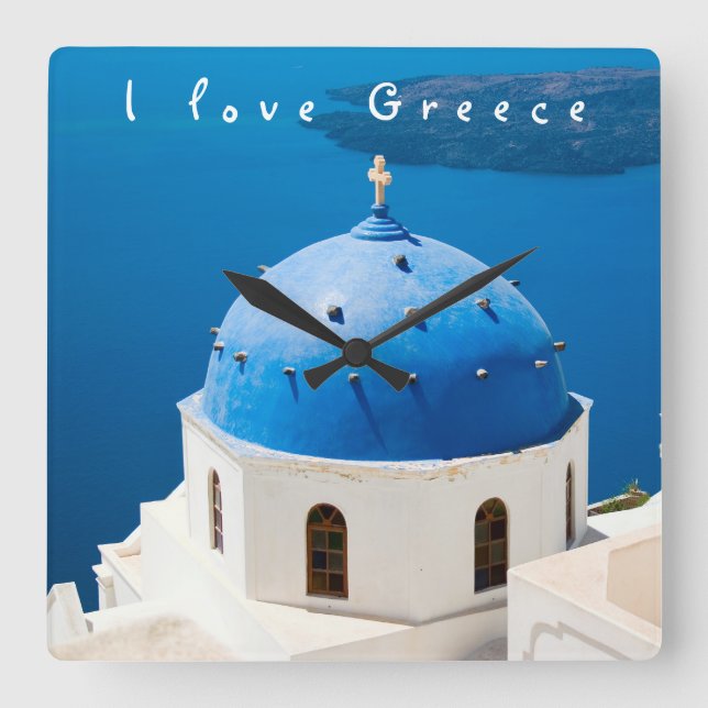 Horloge Carrée I love Greece Church Santorini bleu photo et texte (Recto)