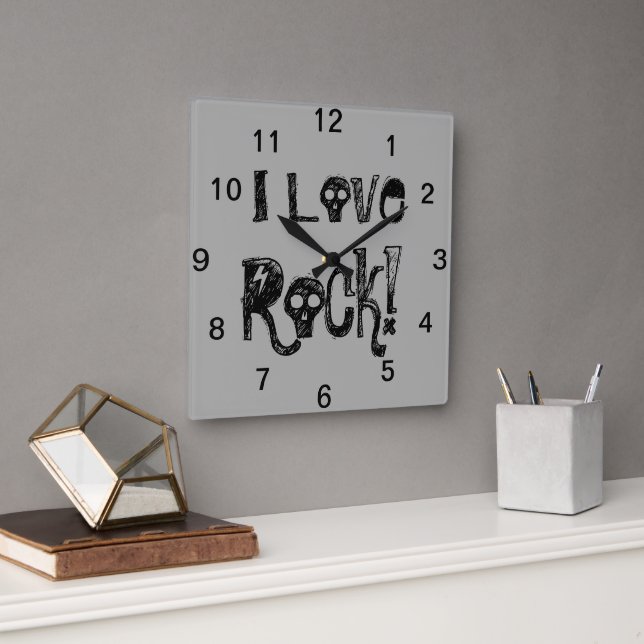Horloge Carrée I Love Rock Skuls Black Grey (Bureau)