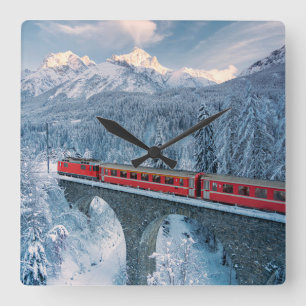 Horloge Carrée Ice and Snow Red Bernina Express Train Switzerla
