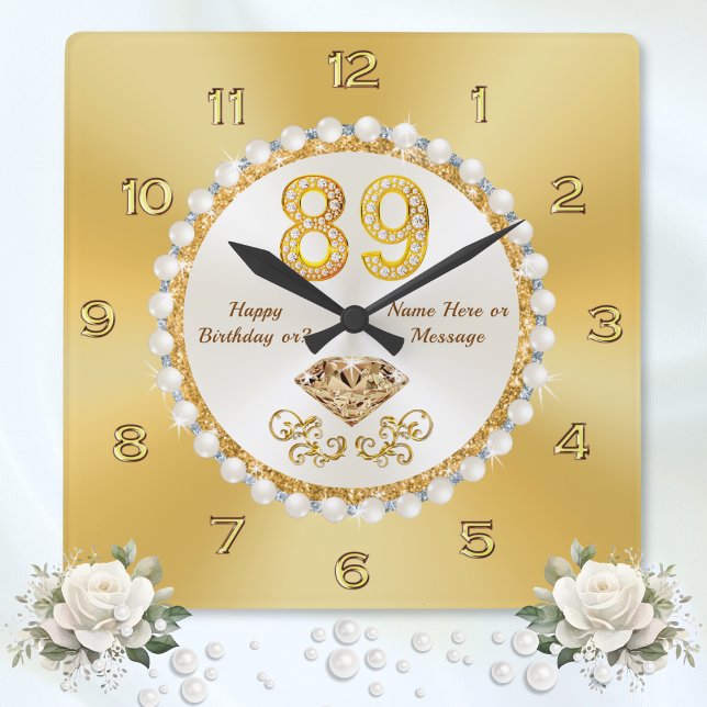 Horloge Carrée Idées cadeaux personnalisées, 89e anniversaire, ÉT (89th birthday gift ideas. Happy 89th birthday wishes. 89th birthday ideas for her, woman, grandma.)