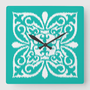 Horloge Carrée Ikat damask motif - turquoise et blanc