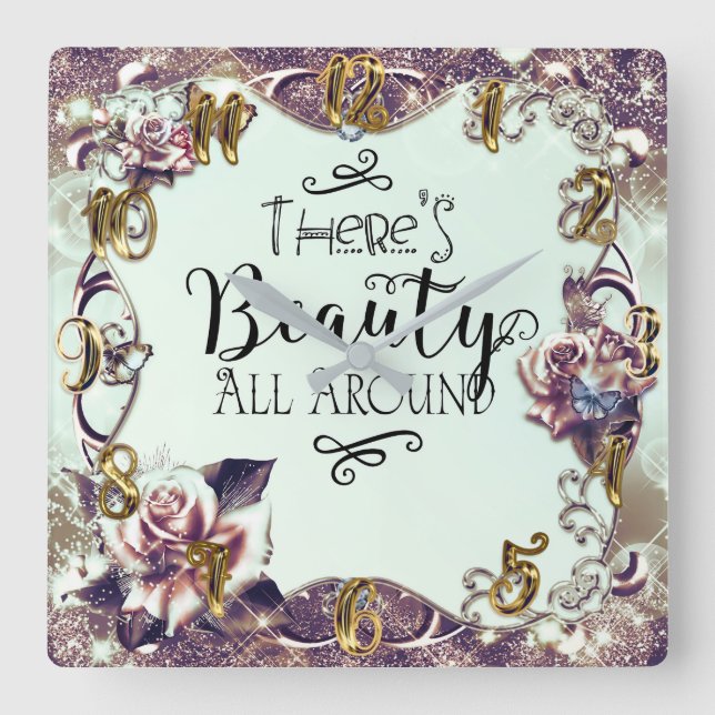 Horloge Carrée Il y a de la beauté tout autour Papillons et roses (Recto)