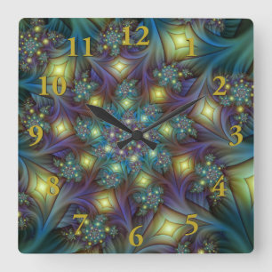 Horloge Carrée Illuminé Abstrait brillant Turquoise violet Fracta