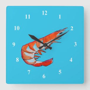 Horloge Carrée Illustration alimentaire kitsch de crevettes