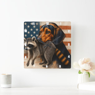 Horloge Carrée Illustration beagle Chien Et Raccoon Avec American