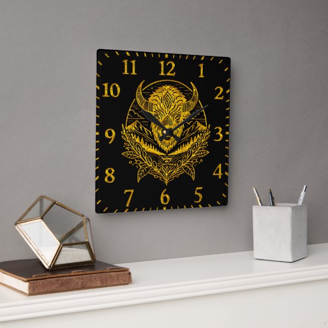 Horloge Carrée Illustration complexe d'un bison d'or dans la natu (Bureau)