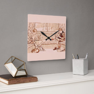 Horloge Carrée Illustration cosy d'enfants vintage lisant