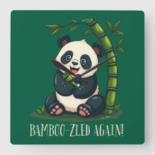 Horloge Carrée Illustration Cute Panda Art Whimsical Bamboo Pun