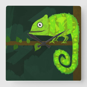 Horloge Carrée Illustration de caméléon vert mignon Reptile tropi