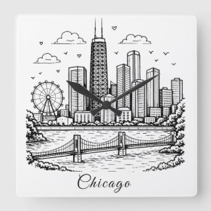 Horloge Carrée Illustration de Chicago en ligne noire
