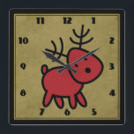 Horloge Carrée Illustration de Cute Red Christmas<br><div class="desc">A clock with a red christmas. Solive and cute. Set on a background which is a digital image of brown kraft paper.</div>