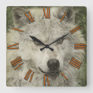 Horloge Carrée Illustration de dessin au crayon de loup d'argent