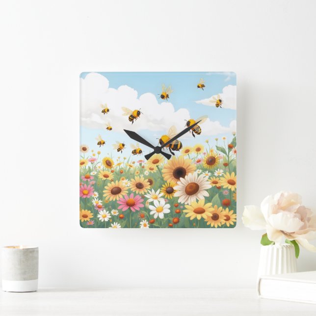 Horloge Carrée Illustration de fleurs et d'abeilles mignonnes (Maison)