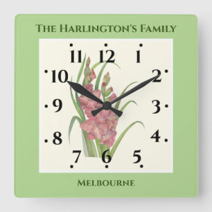 Horloge Carrée Illustration de l'aquarelle saumon Peach Gladioli