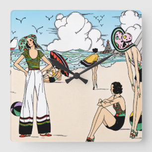 Horloge Carrée Illustration de plage Art Déco vintage des années