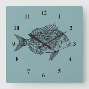 Horloge Carrée illustration de poisson vintage