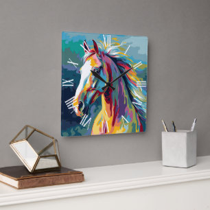 Horloge Carrée Illustration de tête de cheval à l'aquarelle