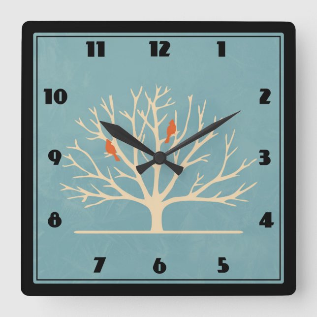 Horloge Carrée Illustration d'Oiseaux oranges modernes dans un gr (Recto)