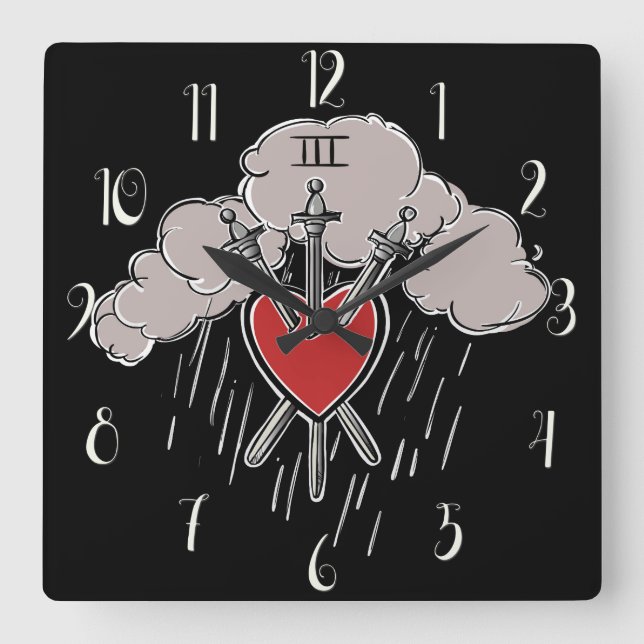 Horloge Carrée Illustration du Tarot 3 d'Épées Amour Cœur (Recto)