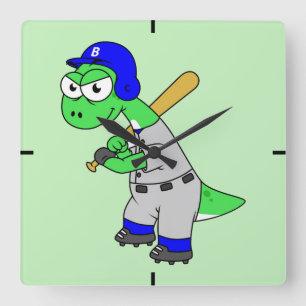 Horloge Carrée Illustration D'Un Joueur De Baseball Brontosaurus.