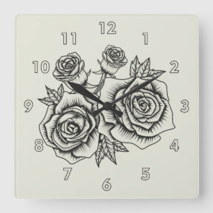 Horloge Carrée Illustration florale vintage d'une fleur Rose