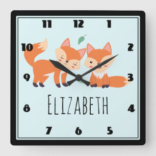 Horloge Carrée Illustration graphique des renards orange mignons