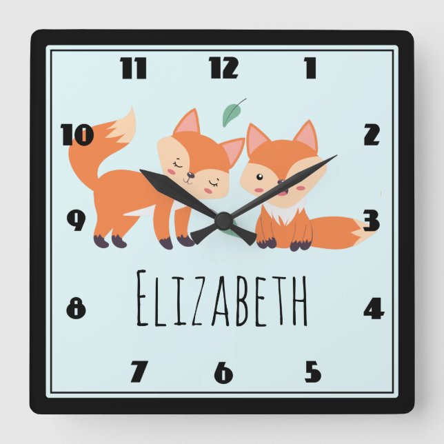 Horloge Carrée Illustration graphique des renards orange mignons (Recto)