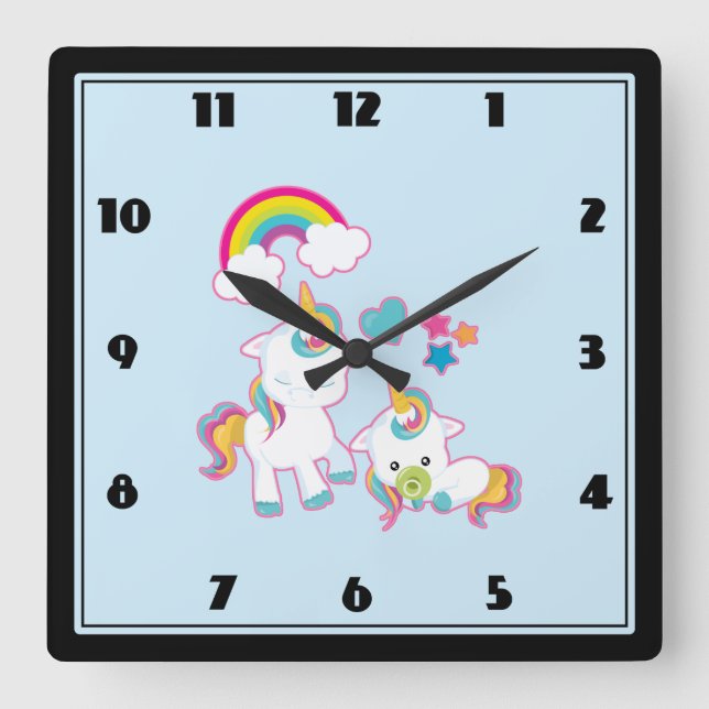 Horloge Carrée Illustration magique Cute Mama & Baby Unicorn (Recto)