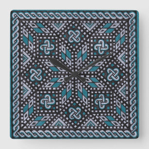 Horloge Carrée Illustration mosaïque gris noir et bleu matisse