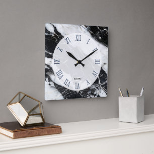 Horloge Carrée Image en marbre noir et blanc avec chiffres romain