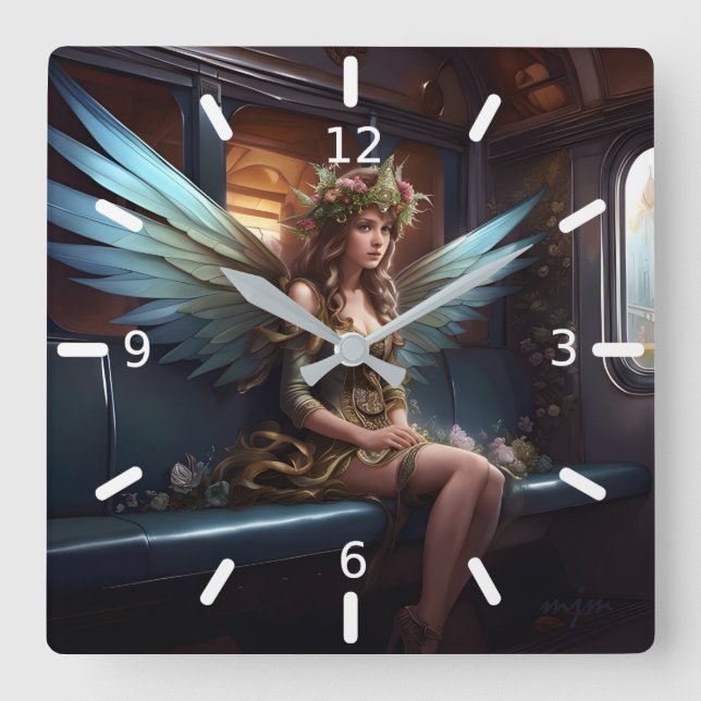 Horloge Carrée Imaginaire Belle Fée Sur Un Train (Recto)