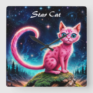 Horloge Carrée Imaginaire chat rose dans la forêt de nuit étoilée