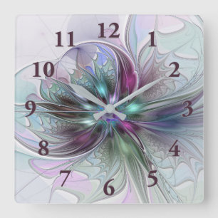 Horloge Carrée Imaginaire coloré Abstrait Fleur fractale moderne
