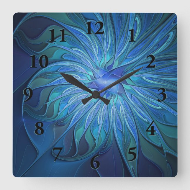 Horloge Carrée Imaginaire Fleur Bleue Motif, Art Fractal Abstrait (Recto)