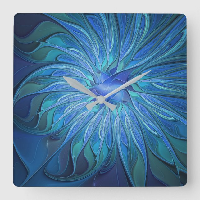 Horloge Carrée Imaginaire Fleur Bleue Motif, Art Fractal Abstrait (Recto)