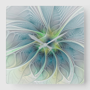 Horloge Carrée Imaginaire fleuri Moderne Bleu Vert Fractal Fleur