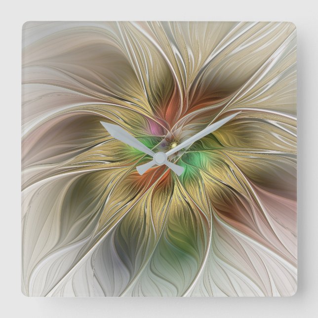 Horloge Carrée Imaginaire Floral Avec Or Moderne Abstrait Fractal (Recto)