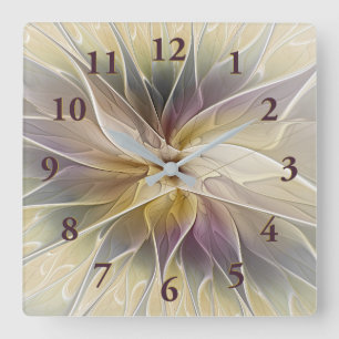 Horloge Carrée Imaginaire floral Gold Eggplant Abstrait Fractal A