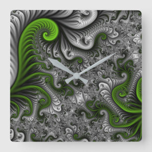 Horloge Carrée Imaginaire Monde Vert Et Gris Art Fractal Abstrait