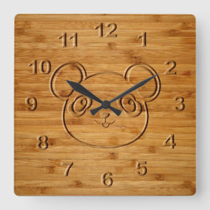 Horloge Carrée Impression de panda en bambou sculpté