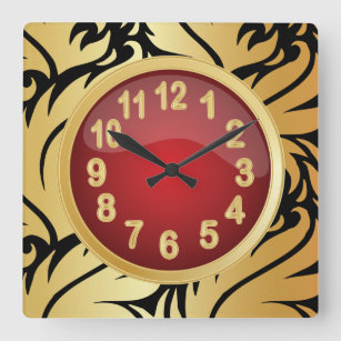 Horloge Carrée Impression noire florale avec rouge et or