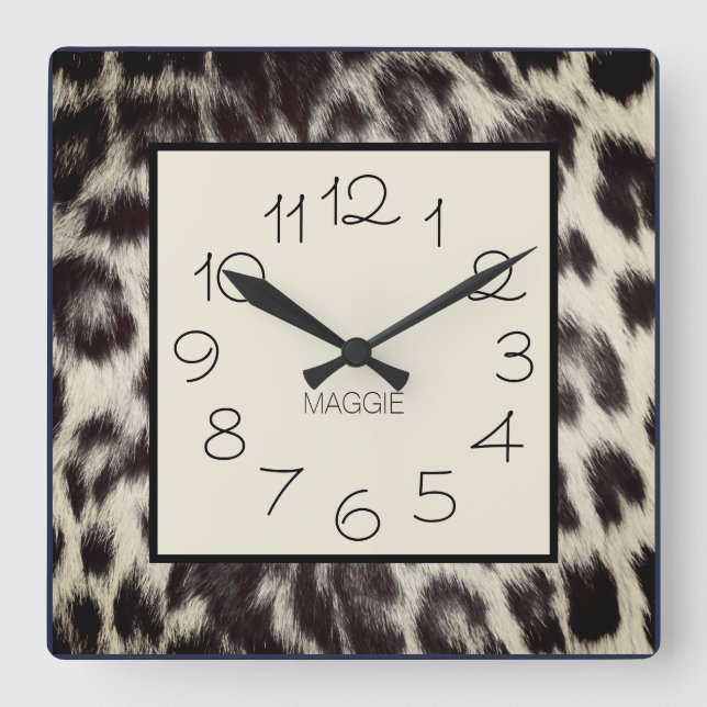Horloge Carrée Impression personnalisée guépard léopard noir blan (Recto)