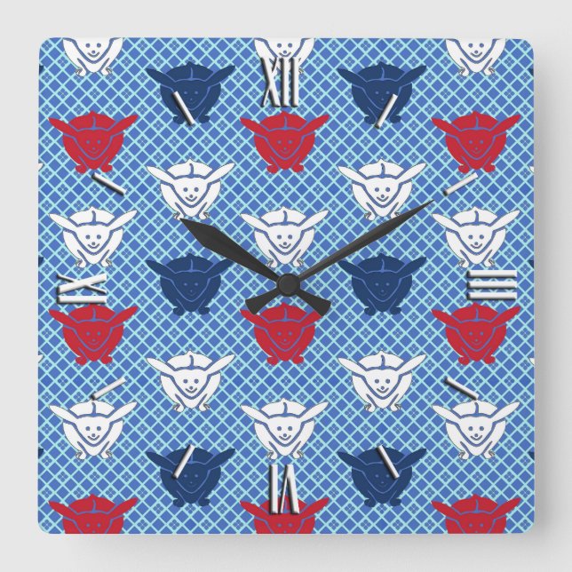 Horloge Carrée imprimé lapin japonais, bleu avec rouge et blanc (Recto)