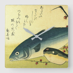 Horloge Carrée Inada & Fugu - Hiroshige's Japanese Fish Print Squ