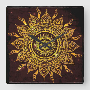 Horloge Carrée India Solar Motif Sun God