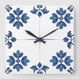 Horloge Carrée Indigo Azulejo Bleu Décoratif Portugais Lisbonne