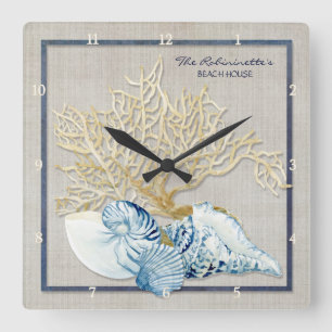 Horloge Carrée Indigo Ocean Crab Seashells Nautical Beach House